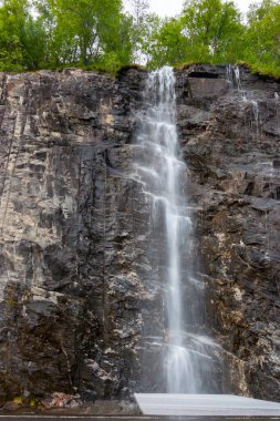 Norveç 'te Geiranger fiyortu yakınlarında yeşil ağaçları ve gri taşları olan güzel bir şelale.