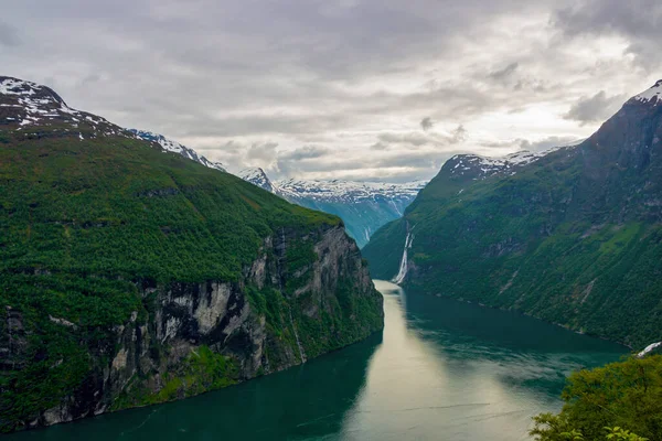Beautiful Fjord Geirangerfjord Blue Water Grey Clouds White Snow Picks — Stock Photo, Image