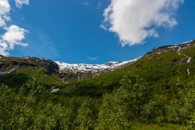 Yazın büyük Jostedalsbreen buzulunun bir parçası olan güzel Boyabreen buzulu, Norveç, Avrupa