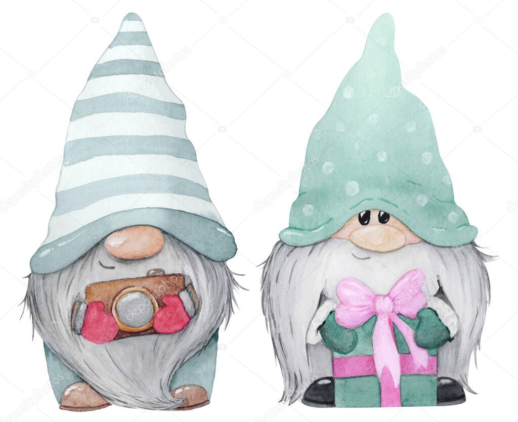 Cute gnomes illustrations. Gnomes in red and blue hat with big white beards