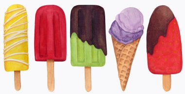 Meyveli dondurma seti. Yaz illüstrasyonu. Kivi ve yaban mersinli dondurma