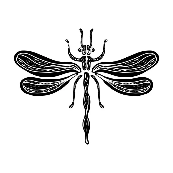 Dragonfly linocut εικόνα, σχέδιο, μελάνι, διάνυσμα. Μια μαύρη λιβελούλα με ένα λευκό στολίδι μέσα. Αναμονή για καρτ-ποστάλ, αφίσες, υφάσματα και ταπετσαρία, διακόσμηση τοίχων. Χειροποίητο στυλ — Διανυσματικό Αρχείο