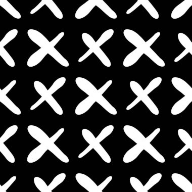 Siyah arka planda haçları olan el çizimi, pürüzsüz bir desen. Minimalist tarzda vektör illüstrasyonu. Paketleme, duvar kağıdı, kumaşlar, arkaplan, kupa ve sofra takımı tasarımı için