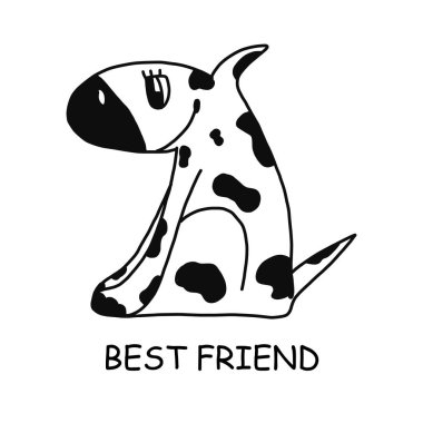 Karalama köpeği. Vektör çizimi. Siyah benekli beyaz bir köpeğin basit bir çizimi. Çizgi film karakteri. kupaların, tişörtlerin, çocuk kitaplarının ve oyunlarının tasarımı için..