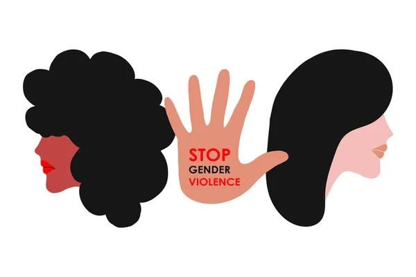 Stop huiselijk geweld. Twee meisjes met zwart haar op de achtergrond van een hand met een opschrift tegen geweld. Het concept is bedoeld voor een crisiscentrum of voor de bescherming van vrouwen. Vectorbeelden