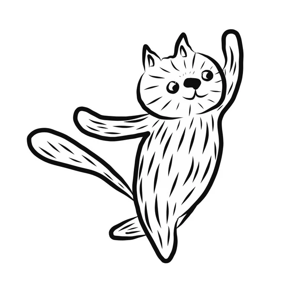 Um gato branco dança com a cauda levantada. Ilustração vetorial isolada sobre fundo branco. Para adesivos, desenhos de utensílios de mesa, camisetas, produtos para bebés ou lojas de animais de estimação. — Vetor de Stock