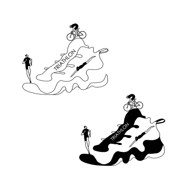 Logo de triatlón plano negro. Figuras vectoriales de triatletas sobre el fondo de una zapatilla deportiva aislada sobre un fondo blanco. El símbolo de nadar, andar en bicicleta y correr. minimalismo — Vector de stock