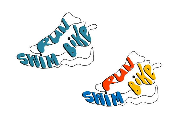 Swim Bike Run Design.crear un cartel colorido escrito en letras dentro de una zapatilla deportiva.La fuente está dibujada a mano. Competiciones y un maratón. Una aventura al aire libre. vector — Vector de stock