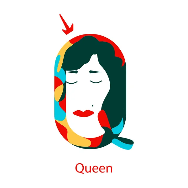 Ilustración vectorial Reina de corazones. q multicolor estilizado como una tarjeta de corazones de reina y la cara de una niña en la parte superior y una inscripción en la parte inferior. para carteles y camisetas — Archivo Imágenes Vectoriales