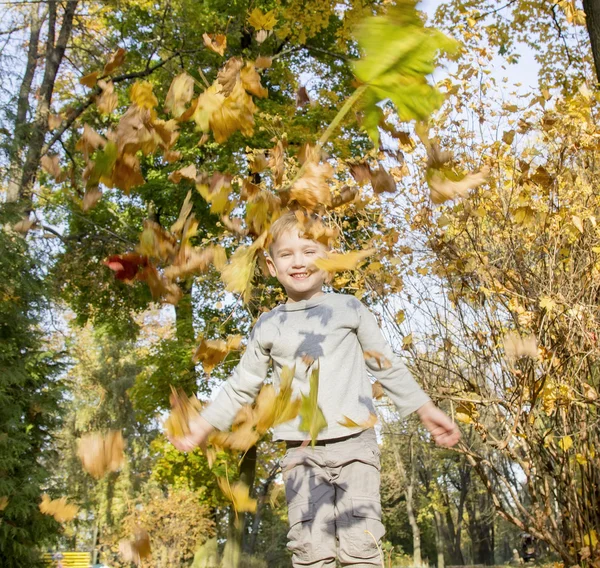 紅葉で遊ぶ少年 — ストック写真