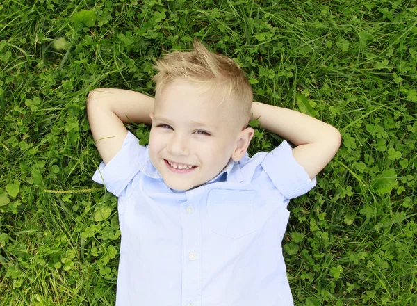 Kleine jongen in de weide glimlachen — Stockfoto