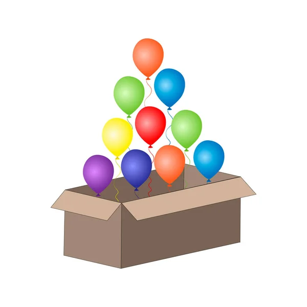 Bunch Colorful Helium Balloons Fly Cardboard Box Isolated White Background — Stock Vector