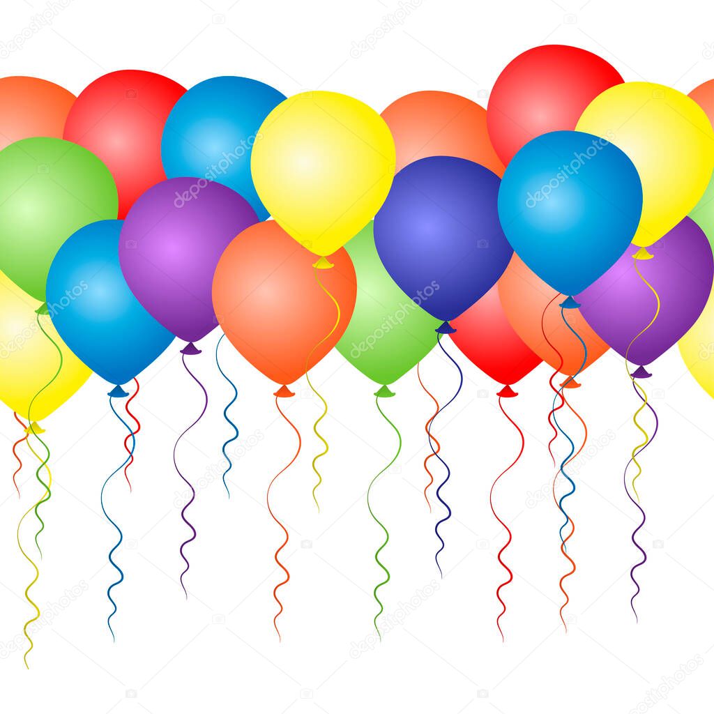 Seamless border of colorful helium balloons. Birthday baloons for party and celebrations. Isolated on white background. Vector.