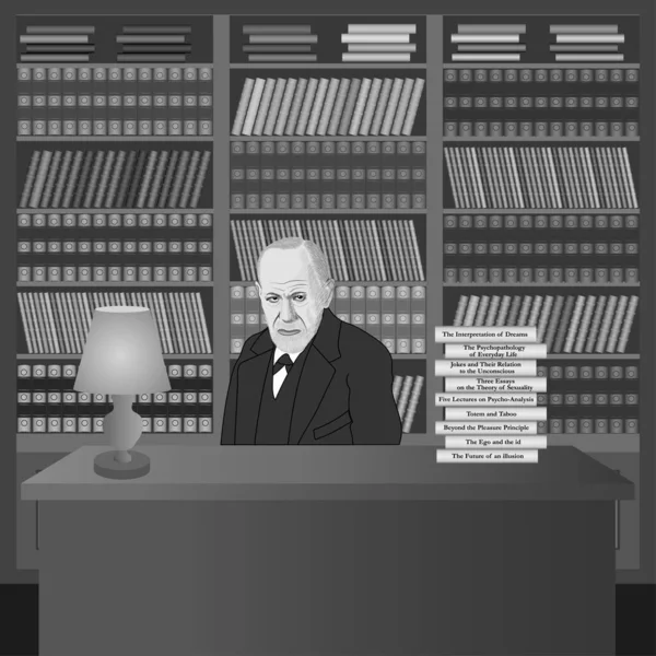 西格蒙德 弗洛伊德用他自己的书在图书馆里的肖像 手绘插图 — 图库矢量图片
