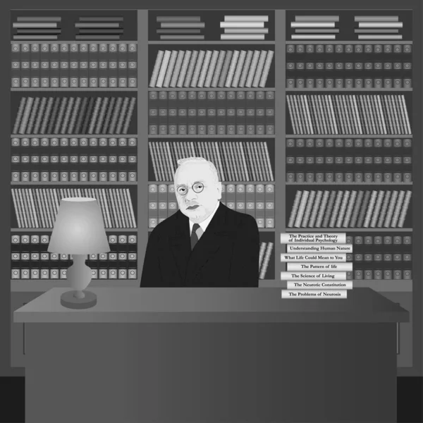 Retrato Alfred Adler Biblioteca Con Sus Propios Libros Ilustración Hecha — Vector de stock