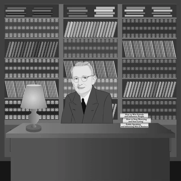 Portret Dale Carnegie Bibliotece Własnymi Książkami Ręcznie Rysowana Ilustracja Wektor — Wektor stockowy