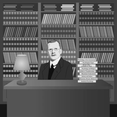 Portrait of Carl Gustav Jung in the library with his own books. Hand drawn illustration. Vector. clipart