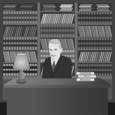 Portrait of John Broadus Watson in the library with his own books. Hand drawn illustration. Vector. clipart