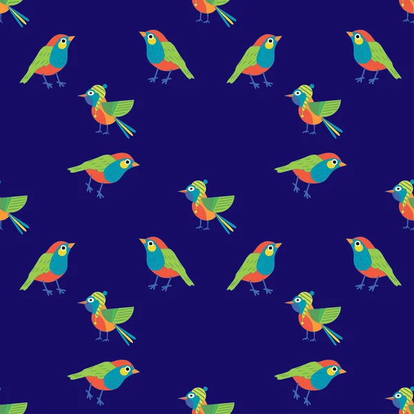 Färgglada Tecknad Sömlös Mönster Med Vinter Fåglar Element För Vinterdesign — Stock vektor