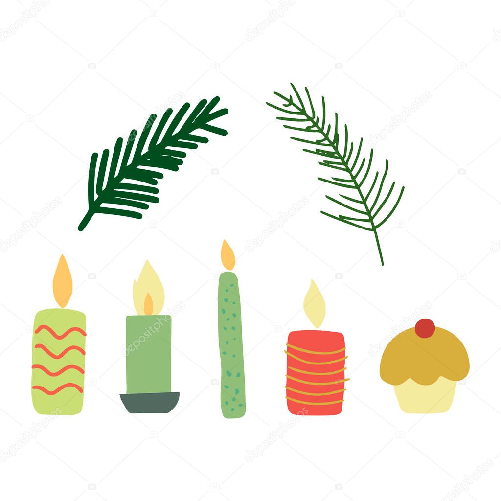 Set of Christmas candles isolated on white background. Element for Christmas design.  Vector.