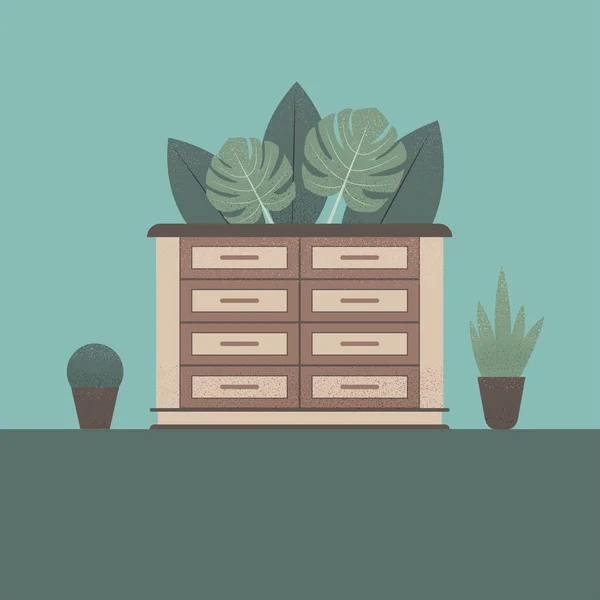 Commode Stylisée Avec Des Plantes Arrière Plan Illustration Plate Colorée — Image vectorielle