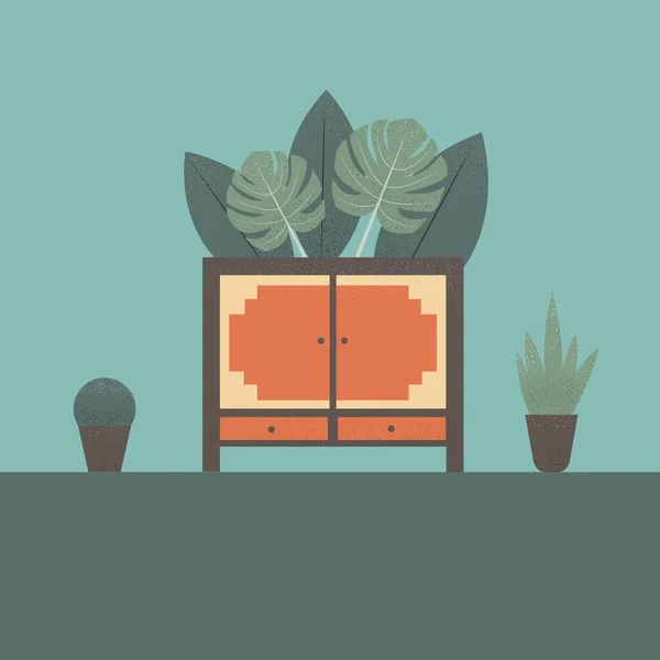 Commode Stylisée Avec Des Plantes Arrière Plan Illustration Plate Colorée — Image vectorielle