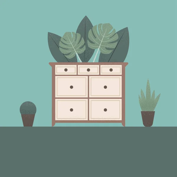 Stilisierte Kommode Mit Pflanzen Hintergrund Bunte Flache Illustration Element Für — Stockvektor