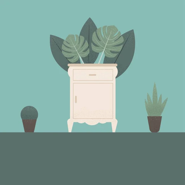 Table Chevet Stylisée Avec Des Plantes Arrière Plan Illustration Plate — Image vectorielle