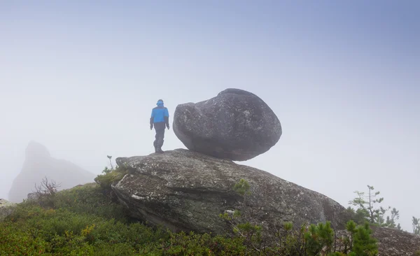 Gli atleti corrono lungo il sentiero in montagna con maltempo nebbioso — Foto Stock