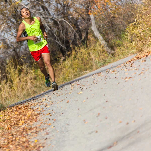 ALMATY,ALMATY DISTRICT, KAZAKHSTAN-OCTOBER 10, 2015: Man runs for fun and take part in a sporting event, on the competition trail running Alatau Train Run 2016, in the national reserve Yunats Lakes