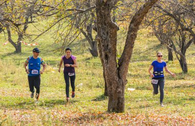 Almatı, Almatı District, Kazakistan-10 Ekim 2015: Rekabet bir spor olayı katılan insanların büyük bir grup iz çalışan Alatau tren çalıştırmak 2016, ulusal rezerv Yunats