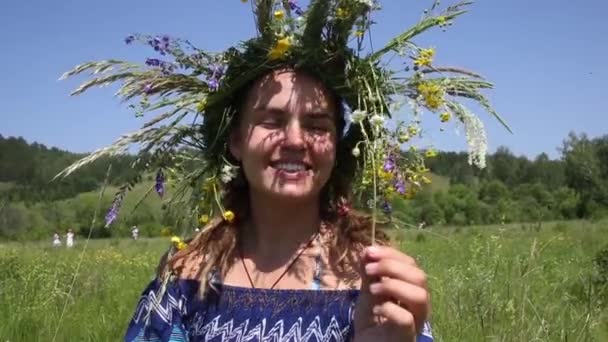 Güzel genç Woaman bir yaz alan Hd gülüyor karahindiba üfleme — Stok video