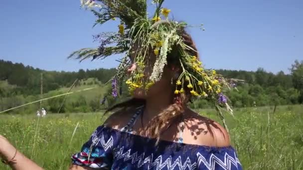 Молодой Воаман рассмешил одуванчик на летнем поле — стоковое видео