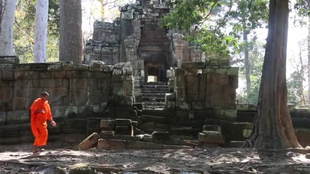 CAMBODIA, SIEM REAP PROVINCE, ANGKOR WAT, 09 DE MARZO DE 2016: El monje desconocido y el trabajador del templo continúan el diálogo, los antecedentes de los turistas. Provincia de Siem Reap, Camboya — Vídeos de Stock