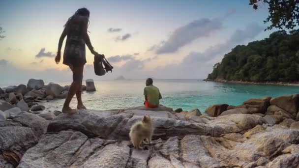 Duas silhuetas na praia. Luz do pôr do sol — Vídeo de Stock