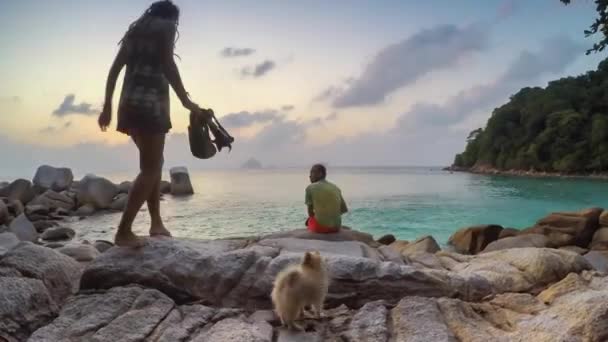 在海滩上的情侣剪影。夕阳的光辉 — 图库视频影像