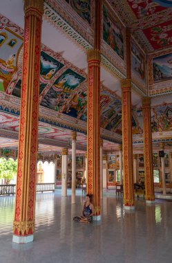 Sırt çantası ile seyahat backpacker ve Budist stupas görünüyor. Myanmar