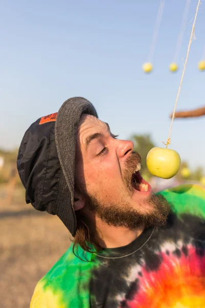 Apples hanging on a clothesline — Stock Photo, Image