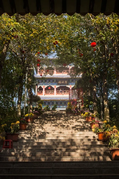 Parque de niebla chino con pabellones y flores — Foto de Stock