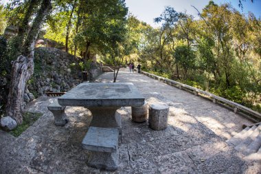 Güzel Çin bahçeye bir gölet ve bayrakları