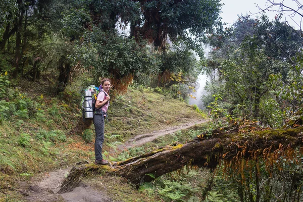 Caminhante mulher em um topo — Fotografia de Stock