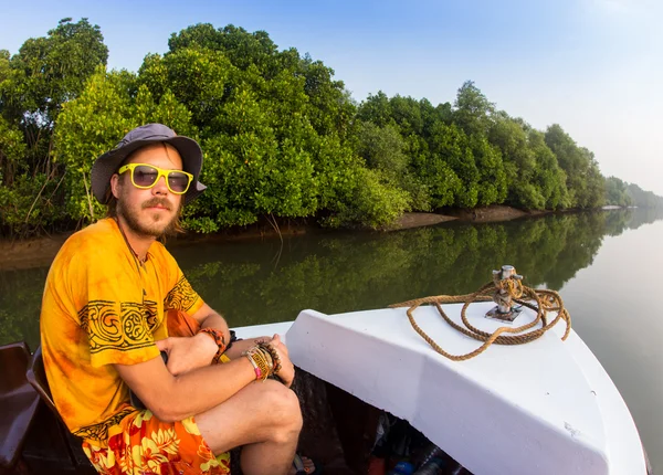 Man traveling by boat — Stock Photo, Image