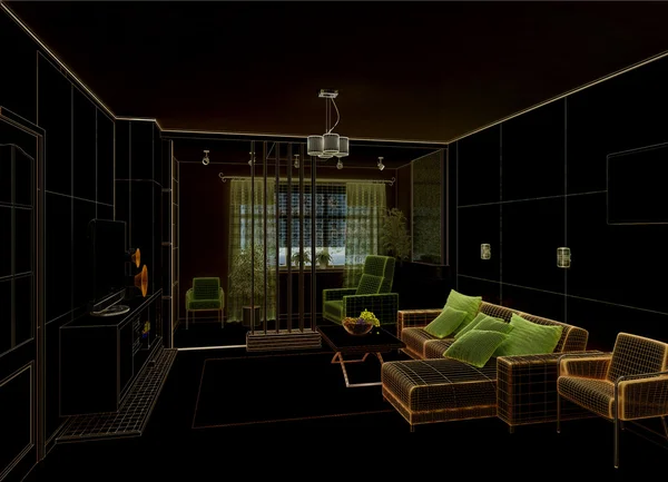 Sala de estar con vistas al paisaje, arquitectura interior 3D — Foto de Stock