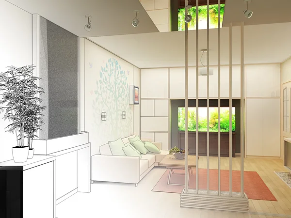 Wohnzimmer mit Blick auf die Landschaft, 3D-Innenarchitektur — Stockfoto
