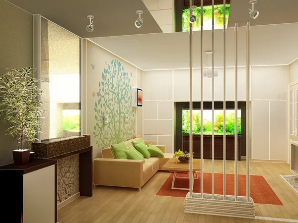 Sala de estar con vistas al paisaje, arquitectura interior 3D —  Fotos de Stock