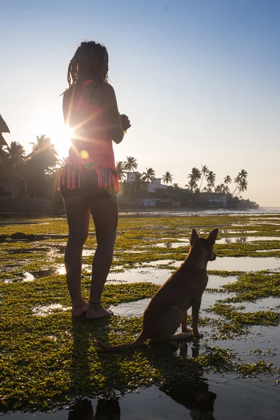 Trendy Hipster Girl with her Dog on Urban Background. — Stock Photo, Image