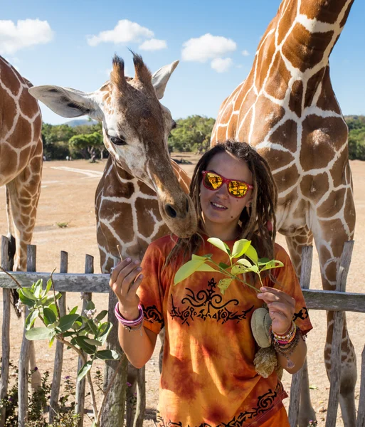 动物园里喂长颈鹿的女孩 — 图库照片