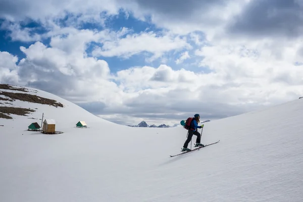 Longitud total de esquiador esquiando sobre nieve fresca en polvo —  Fotos de Stock