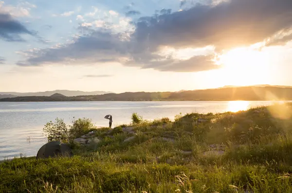 Nice landscape with sunset on lake — Stock Photo, Image