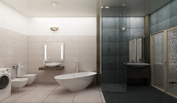 Рендеринг 3D современного дизайна интерьера ванной комнаты — стоковое фото